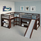 Doppeltes Schlafzimmer-Set mit zwei L-förmig angeordneten Hochbetten und Rutsche in dunklem Cappuccino