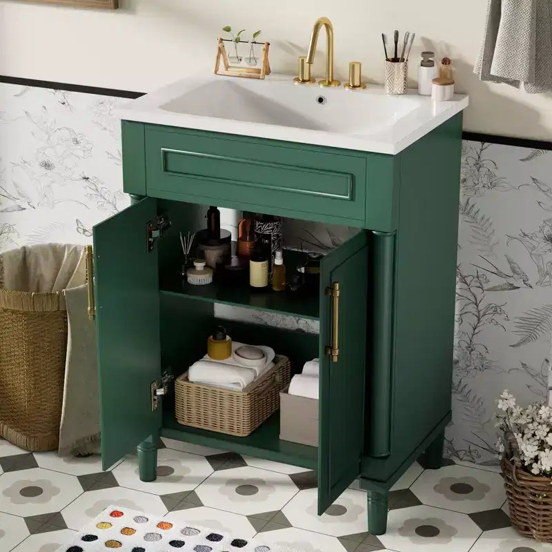 Meuble-lavabo de salle de bains 24 avec lavabo en céramique, meuble de style Shaker, 2 portes à fermeture amortie, structure en bois massif pour petite salle de bains ou salle d'eau