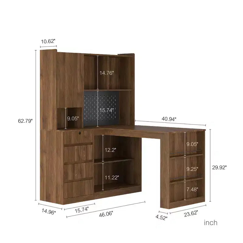 Hoekbureau in L-vorm van 46 inch met boekenkast en lades