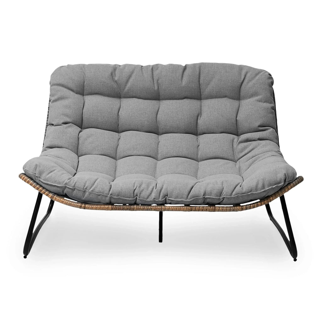 Dubbele papasan-loveseat met kussen, weerbestendig PE-rotan en metalen frame voor binnen en buiten