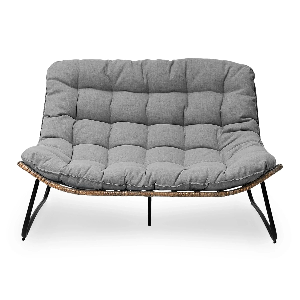 Dubbele papasan-loveseat met kussen, weerbestendig PE-rotan en metalen frame voor binnen en buiten