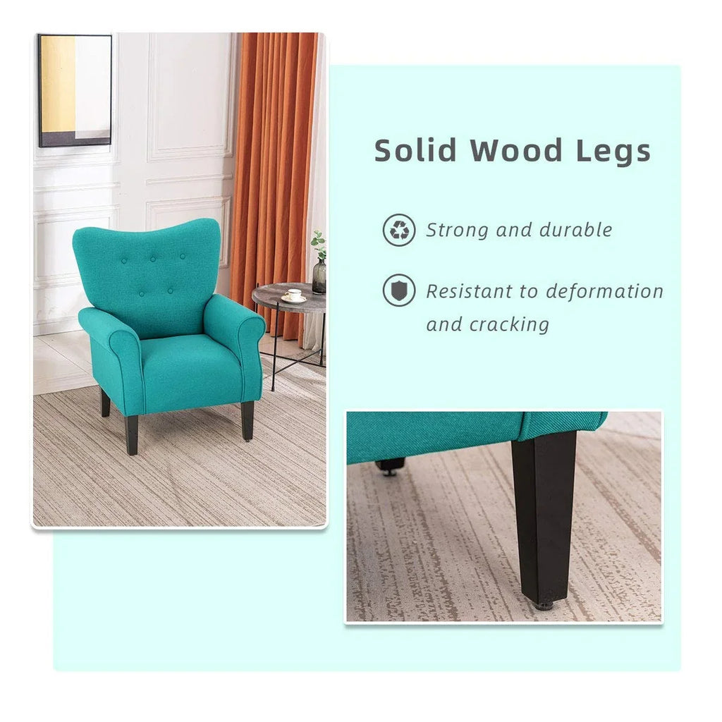 Erommy moderne fauteuil, fauteuil met hoge rugleuning, gestoffeerde eenzitsbank met knopen en houten poten voor de woonkamer