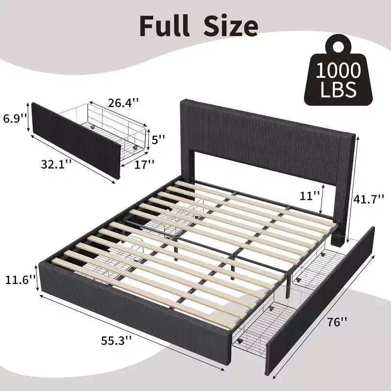 CuisinSmart bedframe van ribfluweel met hoofdbord, gestoffeerd platformbedframe met 4 opbergladen en houten lattenbodem