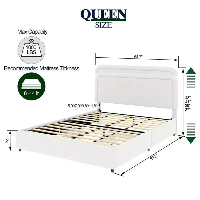 Modern queensize bed met bouclébekleding en opbergladen