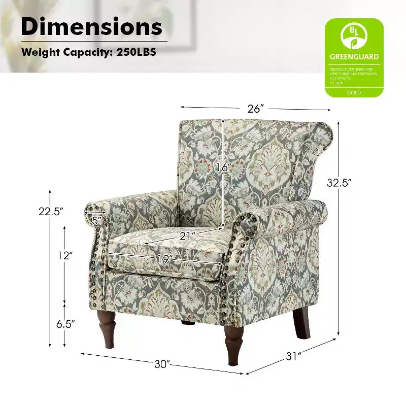 Araceli traditionele houten fauteuil met bloemenstof, hoge rugleuning met vleugels en siernagels| ART OF LIVING DESIGNS