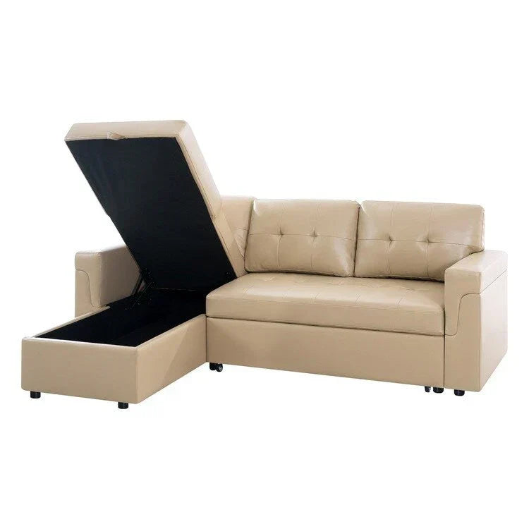 Canapé d’angle convertible et réversible avec lit escamotable, méridienne avec rangement dissimulé et pieds robustes