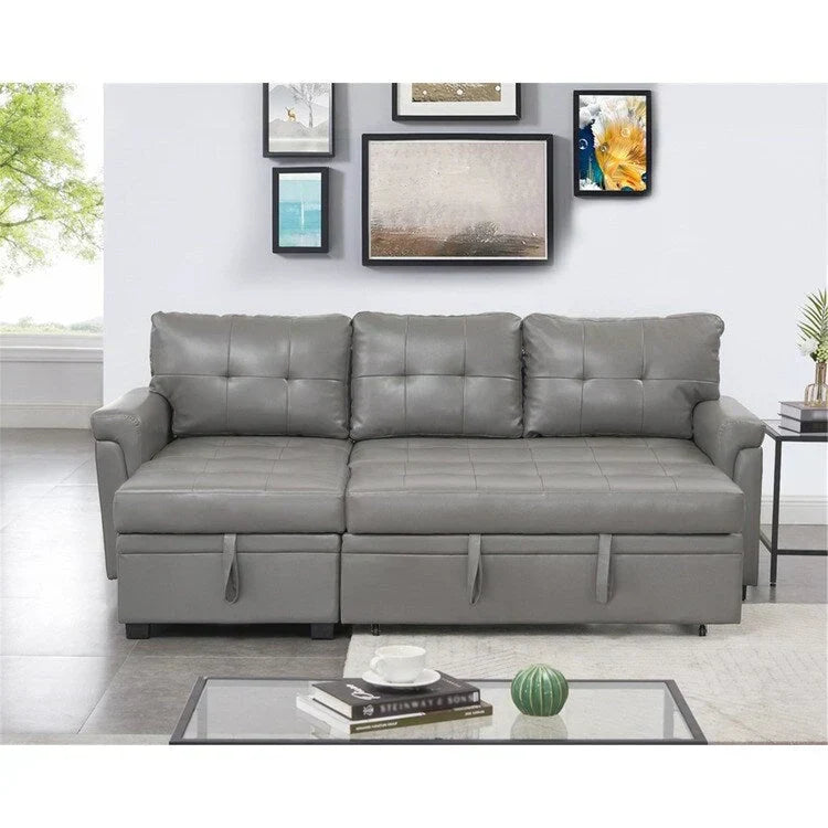 Canapé d’angle convertible et réversible avec lit escamotable, méridienne avec rangement dissimulé et pieds robustes