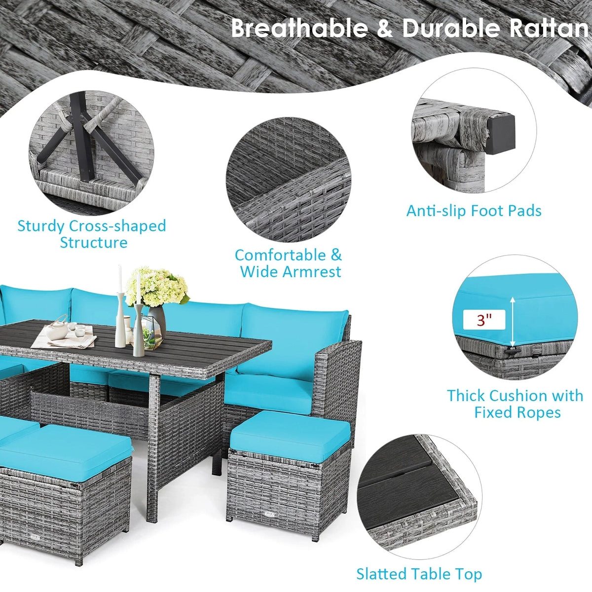 Costway 7-delige diningset van rotan voor het terras, modulaire bank, sofa en voetenbank - bekijk de details