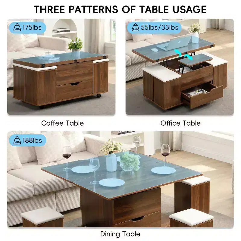 Multifunktionaler moderner Couchtisch mit Hubplatte und verstecktem Stauraum, 4 Hockern und Rollen, perfekt für moderne Wohnräume