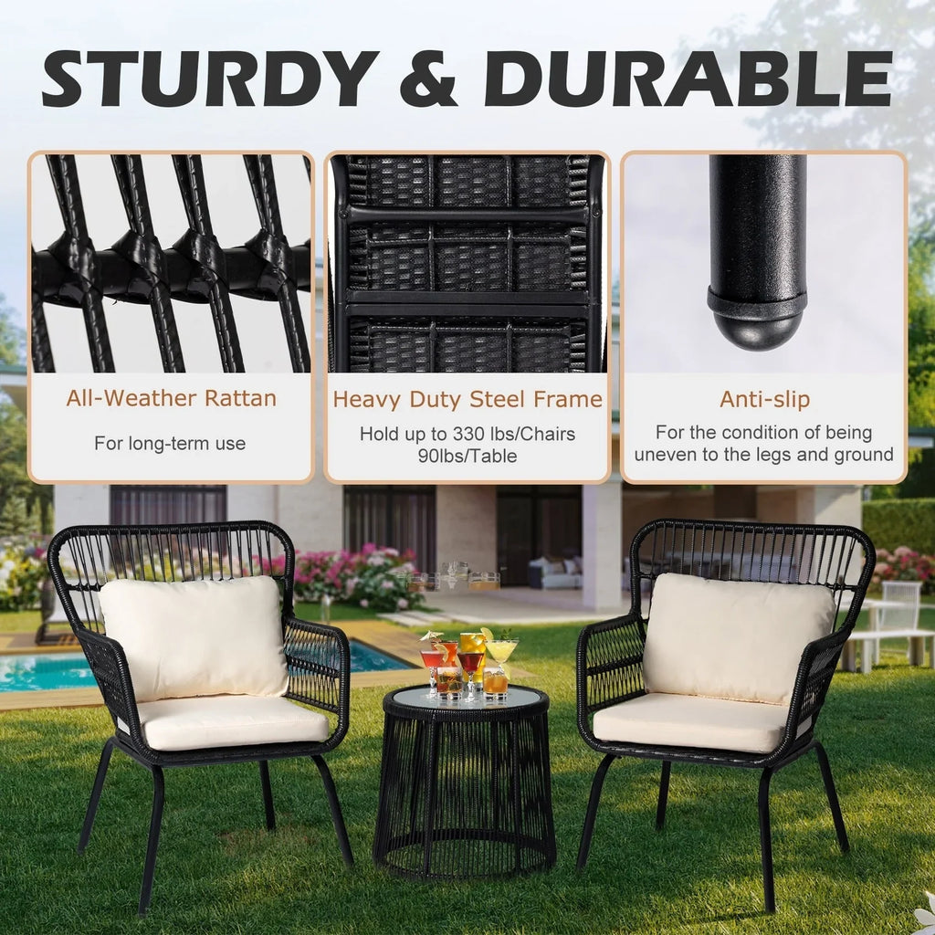 3-teiliges Outdoor-Bistroset aus Korbgeflecht, wetterfeste Rattan-Gartenmöbel mit Stühlen und Kissen