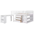Lit mezzanine bas bas format double avec bureau coulissant, 3 tiroirs et étagères