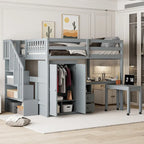 Hochbett in voller Größe mit Treppe, Bücherregal, Schreibtisch und Kleiderschrank - platzsparendes Multifunktionsmöbel für Kinder und Teenager-weiß
