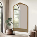 Miroir mural de 37 in. W x 71 in. H avec cadre en bois à arche classique sculptée et partie inférieure en rotin, marron