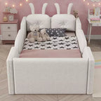 Lit plateforme simple Whisen, cadre de lit rembourré pour enfant au ras du sol avec coussin lapin et barrières latérales amovibles