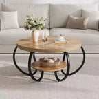 Runder Couchtisch im Industrial-Stil, 30 Inch, 2 Ablagen, verstellbare Füße, Ablage in Holzoptik, Flammendesign, einfacher Aufbau, Wohnzimmer