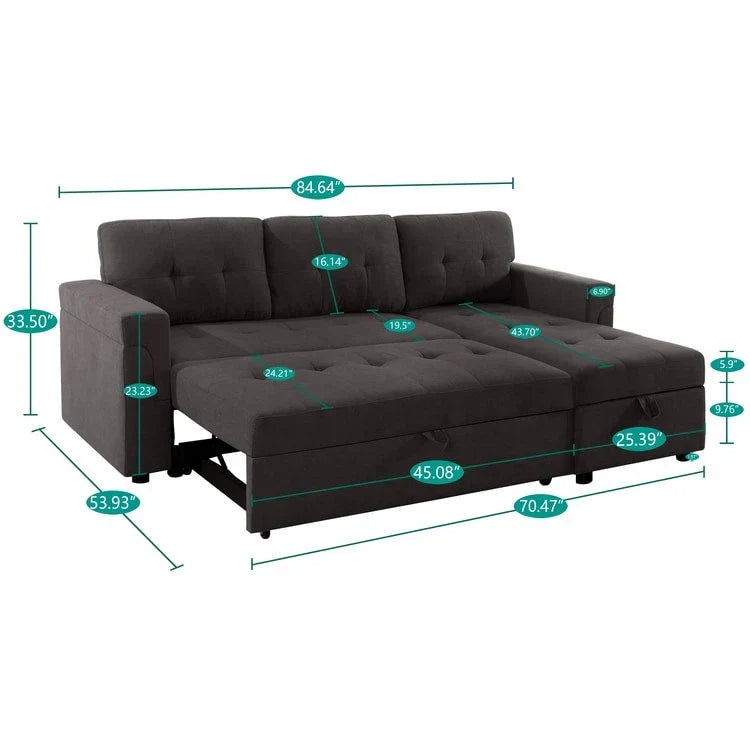 Canapé d’angle convertible et réversible avec lit escamotable, méridienne avec rangement dissimulé et pieds robustes