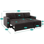 Canapé d’angle convertible et réversible avec lit escamotable, méridienne avec rangement dissimulé et pieds robustes