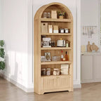 Bibliothèque arquée de 72 pouces avec tiroir de rangement, meuble vitrine moderne en bois à 6 niveaux avec étagères ouvertes et tiroir inférieur, porte d’armoire incurvée
