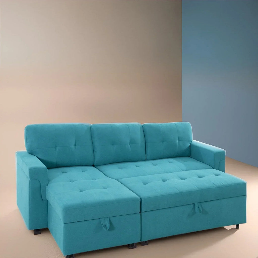 Canapé d’angle convertible et réversible avec lit escamotable, méridienne avec rangement dissimulé et pieds robustes