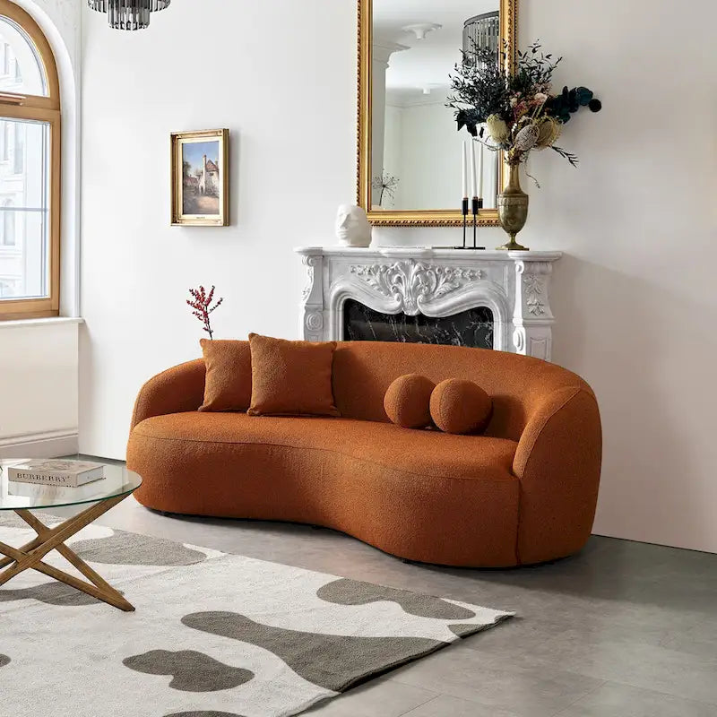 Blaine luxe, moderne gebogen bank van boucléstof in Japandi-stijl