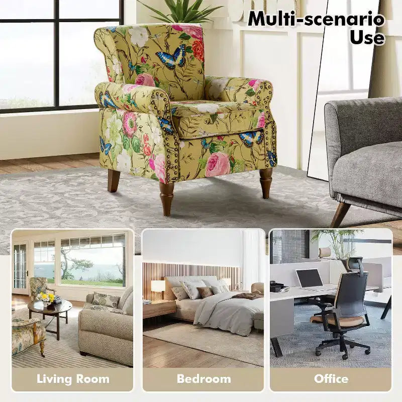 Araceli traditionele houten fauteuil met bloemenstof, hoge rugleuning met vleugels en siernagels| ART OF LIVING DESIGNS
