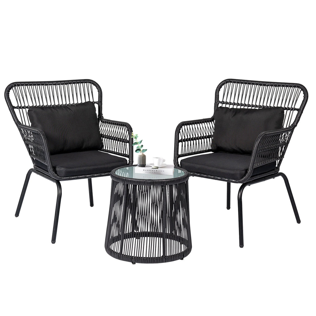 3-teiliges Outdoor-Bistroset aus Korbgeflecht, wetterfeste Rattan-Gartenmöbel mit Stühlen und Kissen