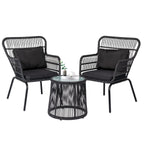 3-teiliges Outdoor-Bistroset aus Korbgeflecht, wetterfeste Rattan-Gartenmöbel mit Stühlen und Kissen