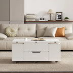 Klappbarer Couchtisch mit Hubplatte, 4 Hockern und Stauraum