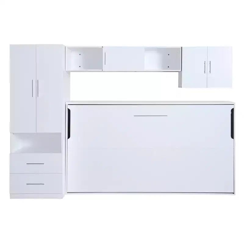 Opklapbedframe voor een eenpersoonsbed, houten kastbed met ingebouwde kledingkast, opberglades en open planken, wit -ModernLuxe
