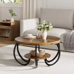 Runder Couchtisch im Industrial-Stil, 30 Inch, 2 Ablagen, verstellbare Füße, Ablage in Holzoptik, Flammendesign, einfacher Aufbau, Wohnzimmer