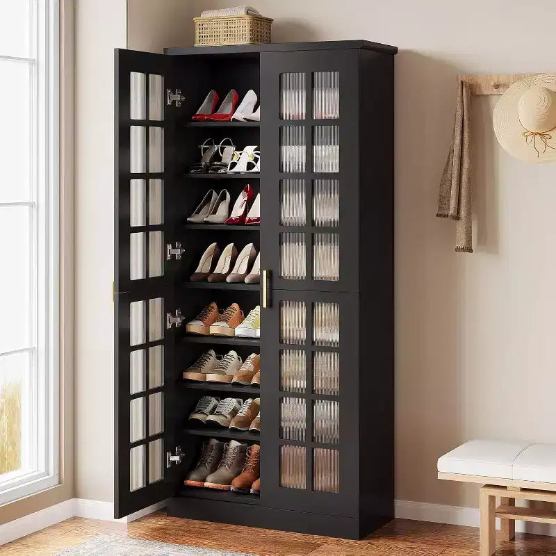 Hoge schoenenkast van Lantine met deuren, schoenenopbergruimte met 8 niveaus en verstelbare planken, moderne schoenenkast voor hal, kledingkast of woonkamer, wit