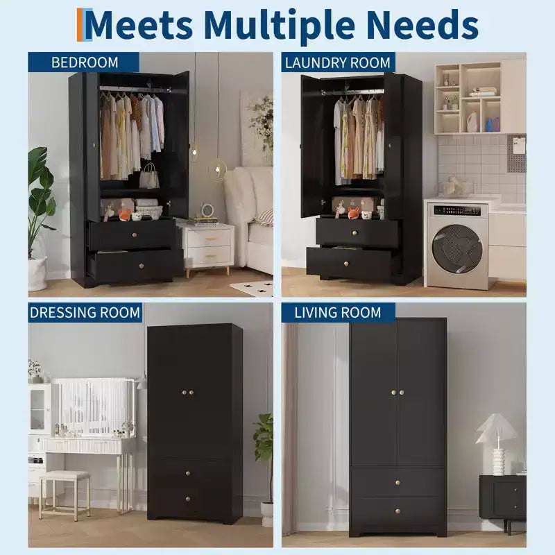 Moderne houten kledingkast van 71 inch voor de slaapkamer, met 2 deuren, 2 laden, verstelbare planken, opbergkast voor kleding en kledingroede