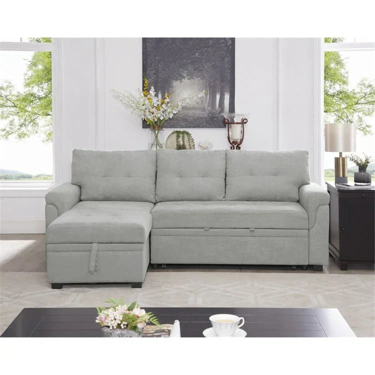 Canapé d’angle convertible et réversible avec lit escamotable, méridienne avec rangement dissimulé et pieds robustes