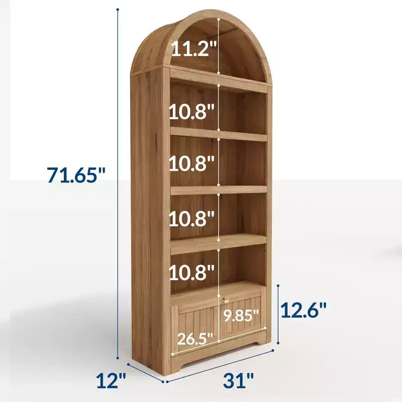 Bibliothèque arquée de 72 pouces avec tiroir de rangement, meuble vitrine moderne en bois à 6 niveaux avec étagères ouvertes et tiroir inférieur, porte d’armoire incurvée
