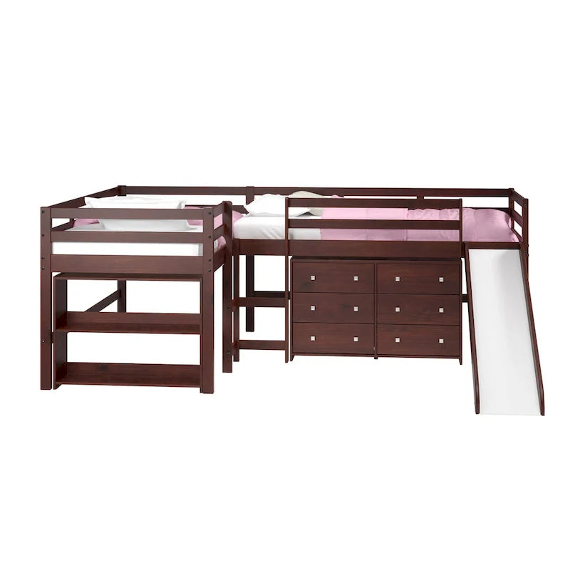 Doppeltes Schlafzimmer-Set mit zwei L-förmig angeordneten Hochbetten und Rutsche in dunklem Cappuccino