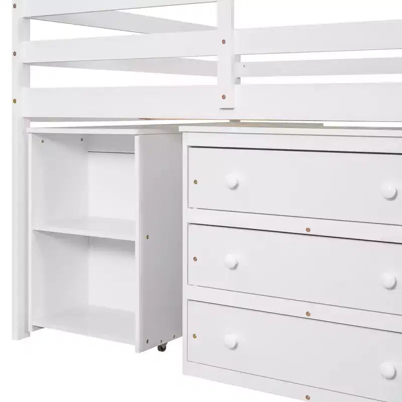 Lit mezzanine bas bas format double avec bureau coulissant, 3 tiroirs et étagères