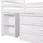 Lit mezzanine bas bas format double avec bureau coulissant, 3 tiroirs et étagères