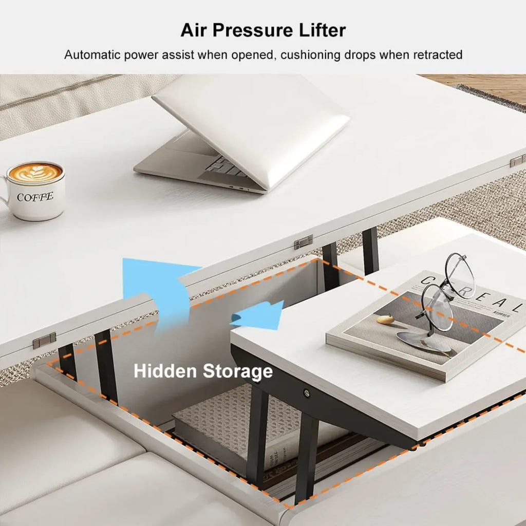 Klappbarer Couchtisch mit Hubplatte, 4 Hockern und Stauraum