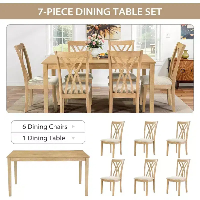 Zevemomo 7-delige eettafelset van massief hout met 6 gestoffeerde stoelen, ruimtebesparende eettafel met stoelen, voor de eetkamer of keuken, naturel houtkleur
