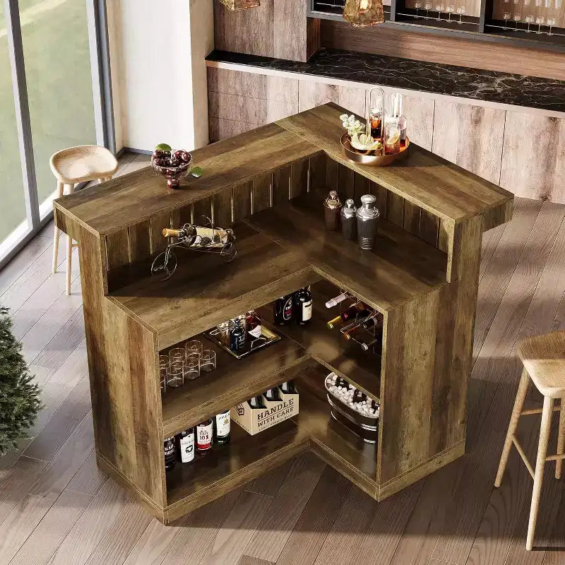 Lantine L-vormige thuisbar, hoekbartafel met 4 niveaus, opbergplanken en wijnglashouder voor thuisbar