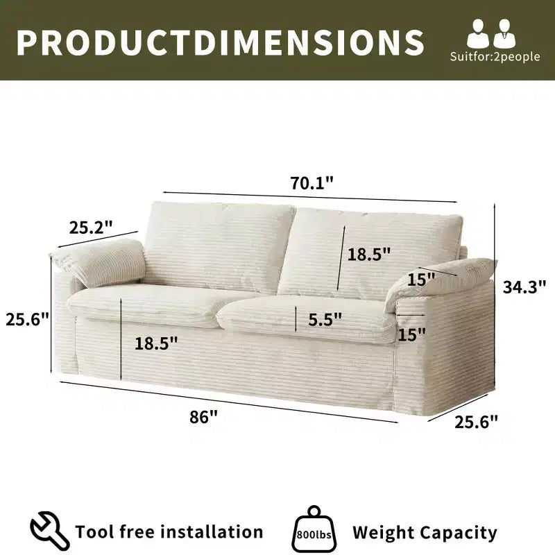 Dyonery 86 Cloud 2-Sitzer-Sofa, tiefe Sitzfläche und breite Armlehnenkissen, stabiler Rahmen, atmungsaktives ergonomisches Design