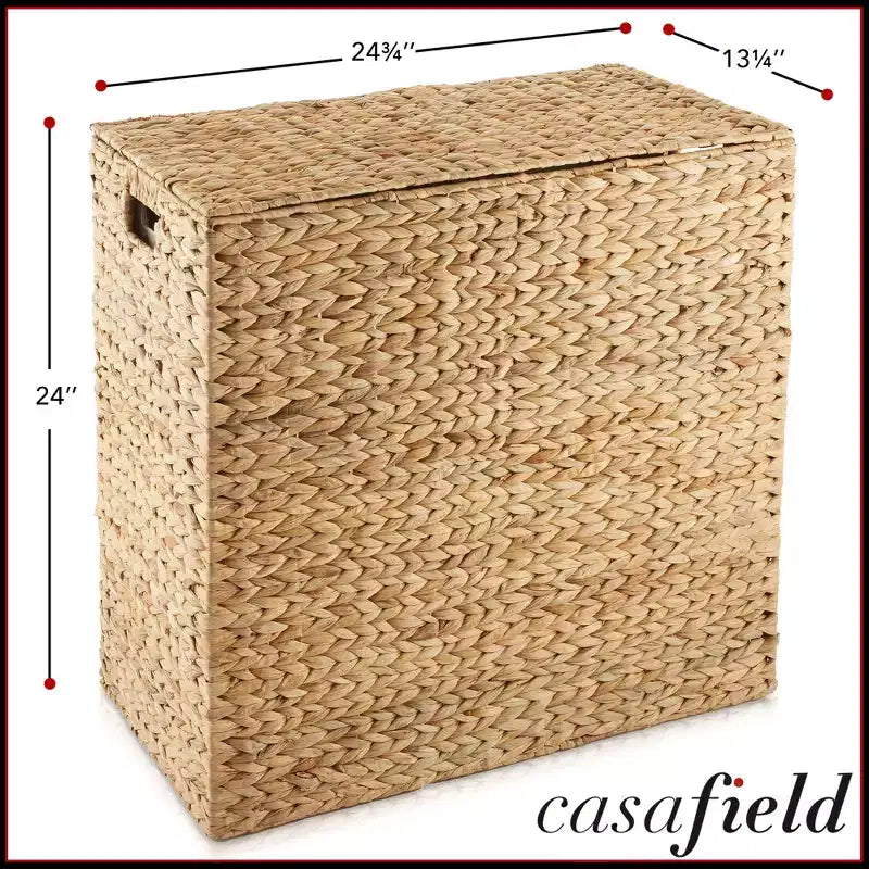 Casafield Wäschekorb mit 2 Fächern, Deckel und herausnehmbaren Wäschesäcken, geflochtener Wäschekorb aus Wasserhyazinthe zum Sortieren von Kleidung