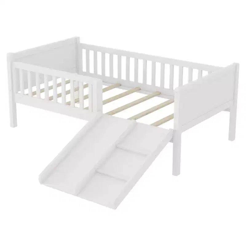 Lit mezzanine bas Whisen format une place pour enfants avec toboggan, bibliothèque de rangement mobile et barrières de sécurité