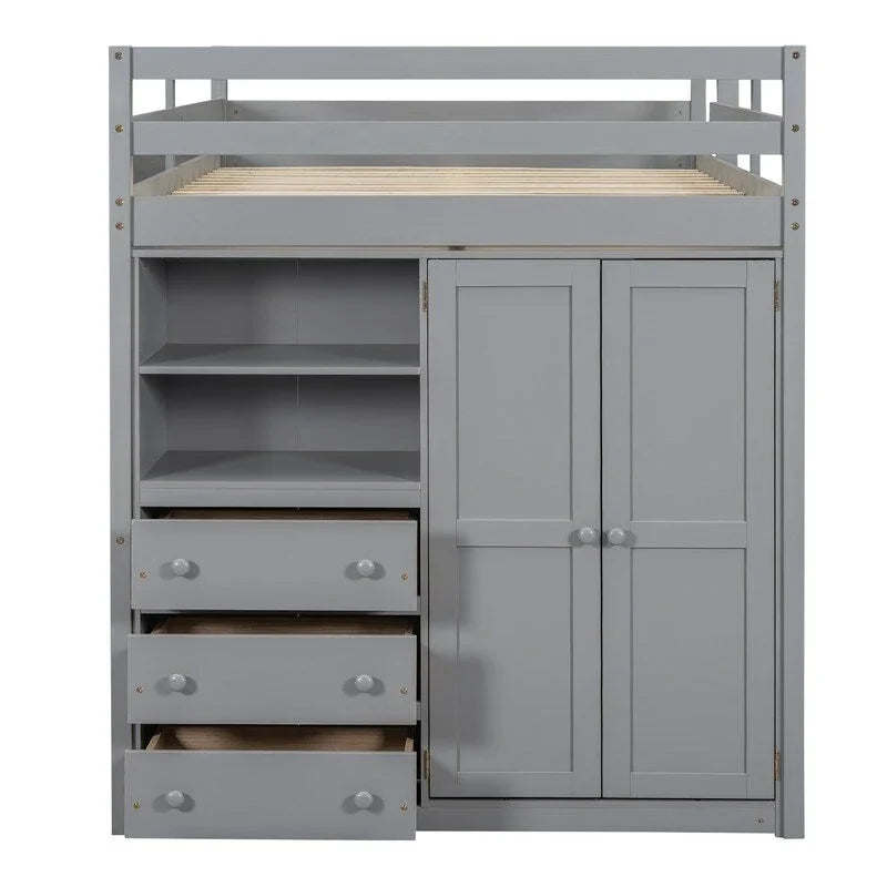 Hochbett aus Holz in Full-Größe mit integriertem Kleiderschrank, Schreibtisch, Ablagefächern und Schubladen
