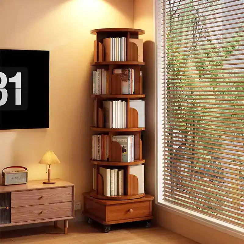 Chic Crate 6-stufiges, um 360° drehbares Eckbücherregal mit Rollen, schmales Bücherregal für kleine Räume, walnussbraun