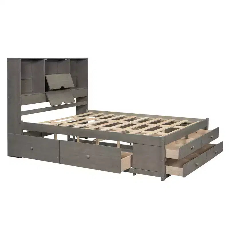 Queen-Size-Platformbett mit Ablage und 8 Schubladen, einfacher Aufbau