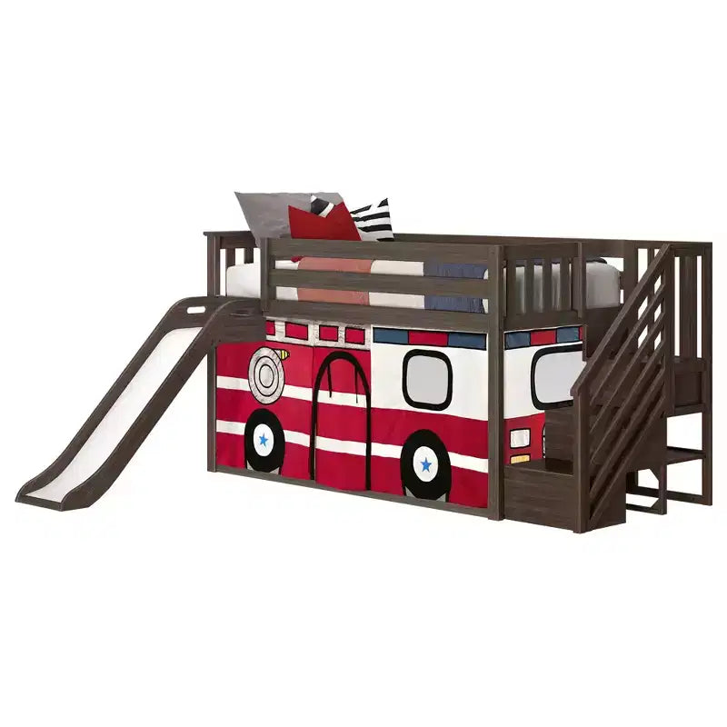 Niedriges Etagenbett, 90 x 190 cm, mit Treppe, Rutsche und Feuerwehrauto-Vorhang