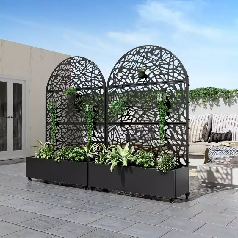 Jardinière arquée noire en fer MAYEERTY 72x47 avec treillis, ensemble de 3 pièces, écran décoratif de jardin pour terrasse et balcon