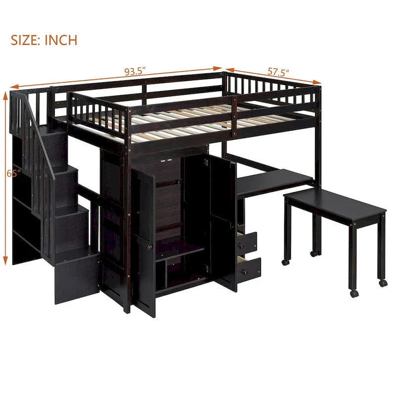 Hochbett in voller Größe mit Treppe, Bücherregal, Schreibtisch und Kleiderschrank - platzsparendes Multifunktionsmöbel für Kinder und Teenager-weiß