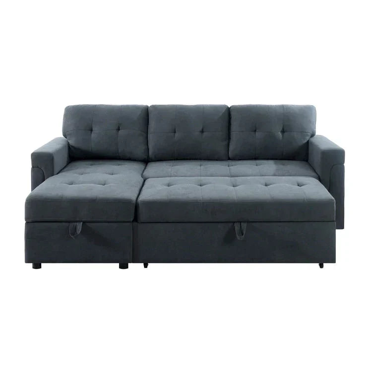 Canapé d’angle convertible et réversible avec lit escamotable, méridienne avec rangement dissimulé et pieds robustes